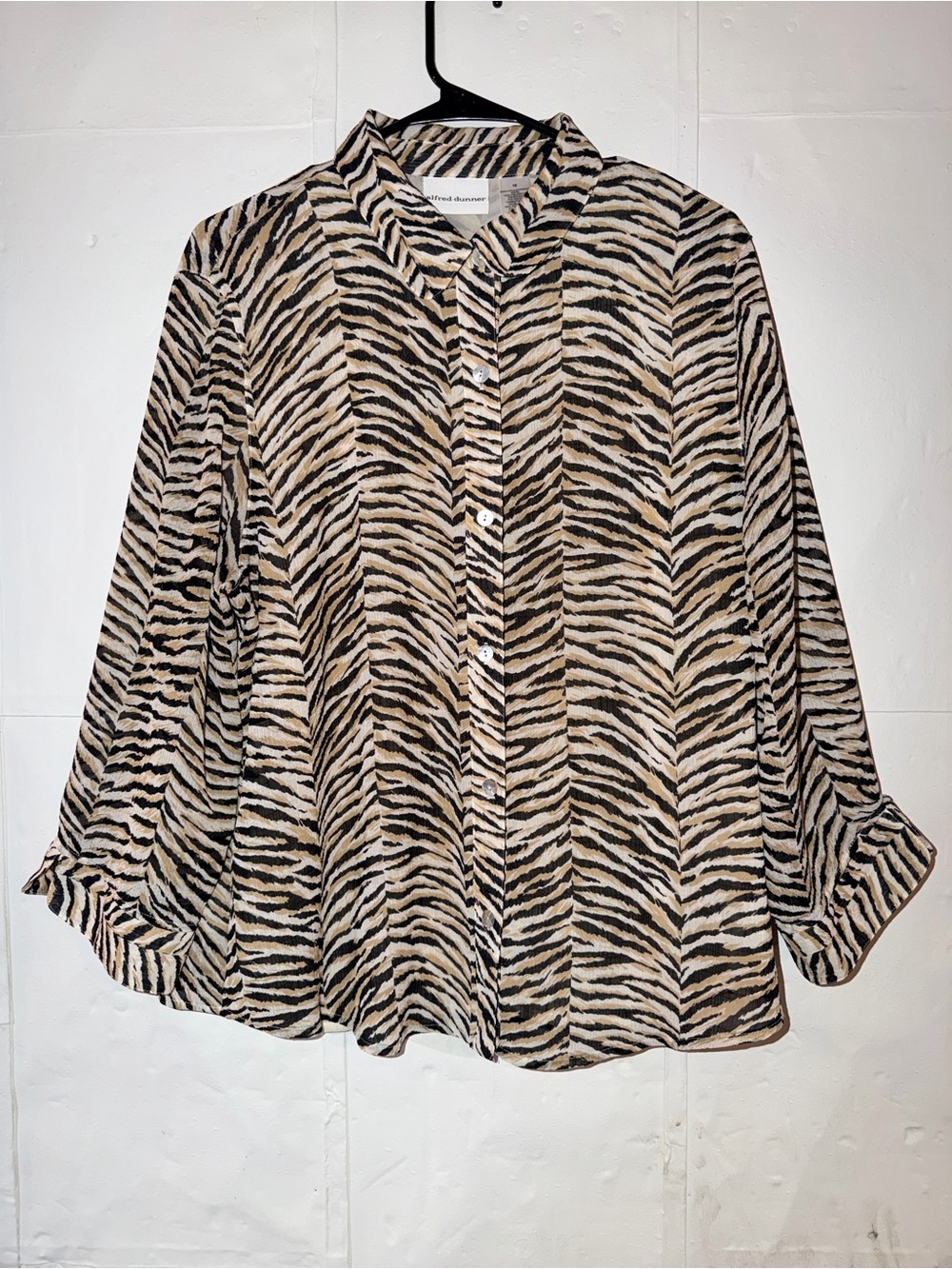 Alfred Dunner Beige and Black Zebra-Print Button Down Shirt